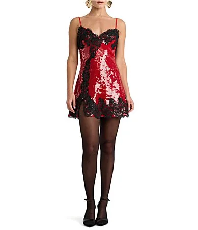 Alerie Sequin Mesh Sweetheart Neck Lace Trim Mini Sheath Dress by Bardot