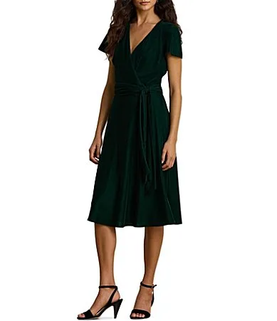 Lauren Ralph Lauren Velvet V-Neck Short Sleeve Side Wrap A-Line Dress