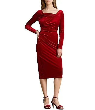 Lauren Ralph Lauren Knit Luxe Velvet Drape Neck Long Sleeve Sheath Dress by Ralph Lauren