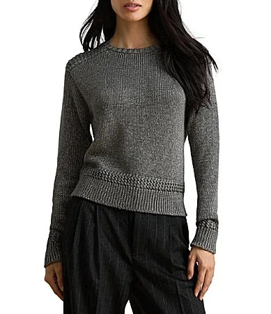 Lauren Ralph Lauren Metallic Cotton-Blend Crewneck Long Sleeve Sweater