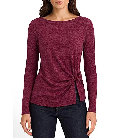 Knit Brushed Hacci Boat Neck Long Sleeve Wrap Front Top by Liverpool Los Angeles