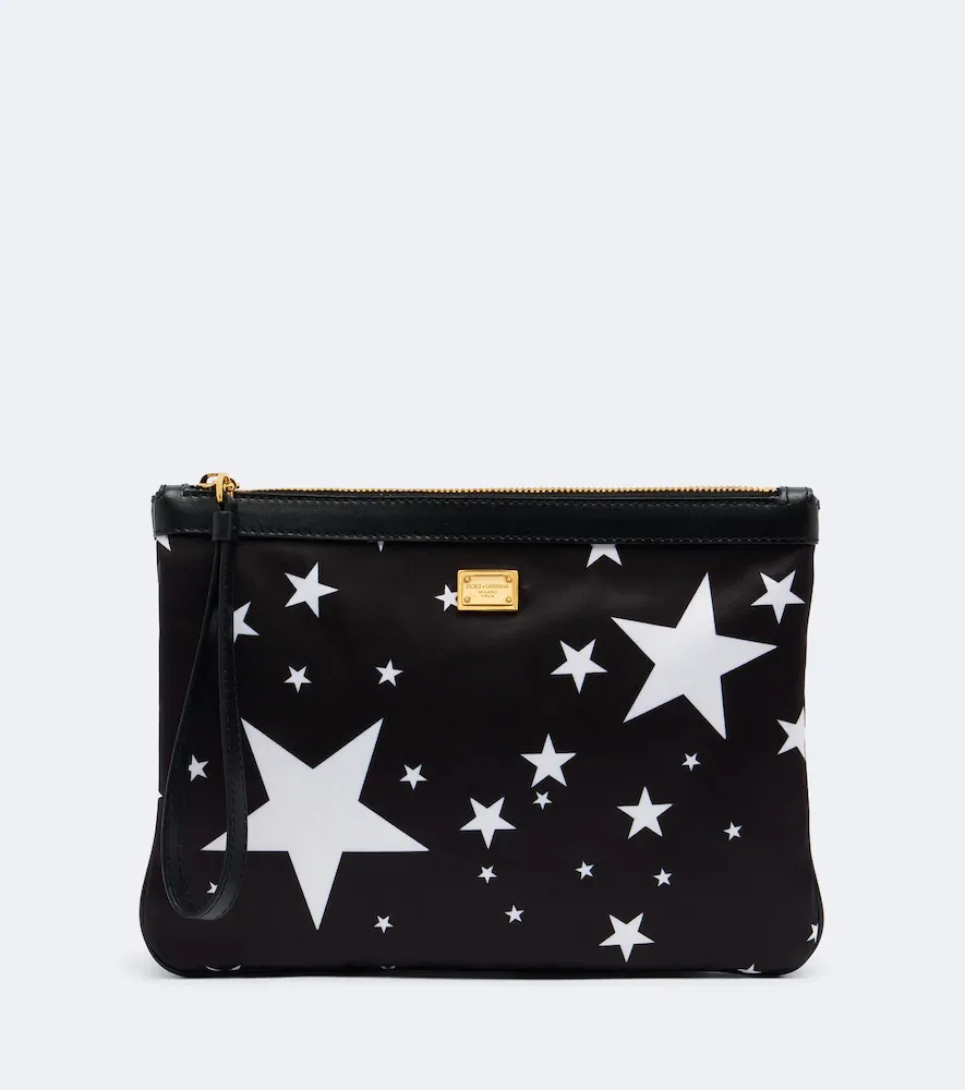 Printed Leather-Trimmed Satin Pouch