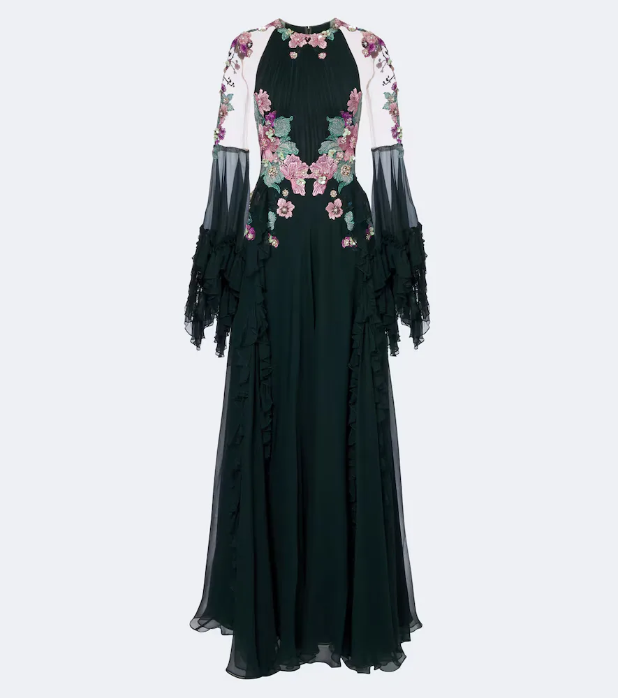 Embellished Floral-Appliqué Silk Gown by Costarellos