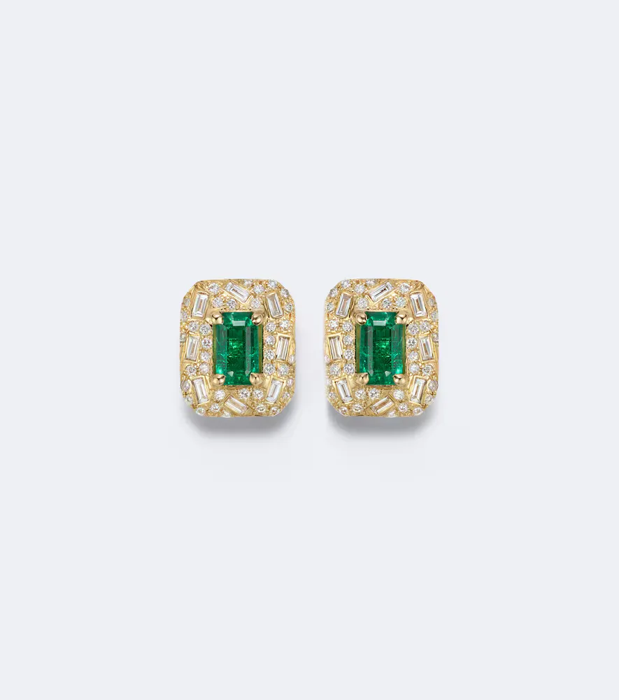 Halo Portrait 18kt Gold Earrings with Diamonds and Emeralds