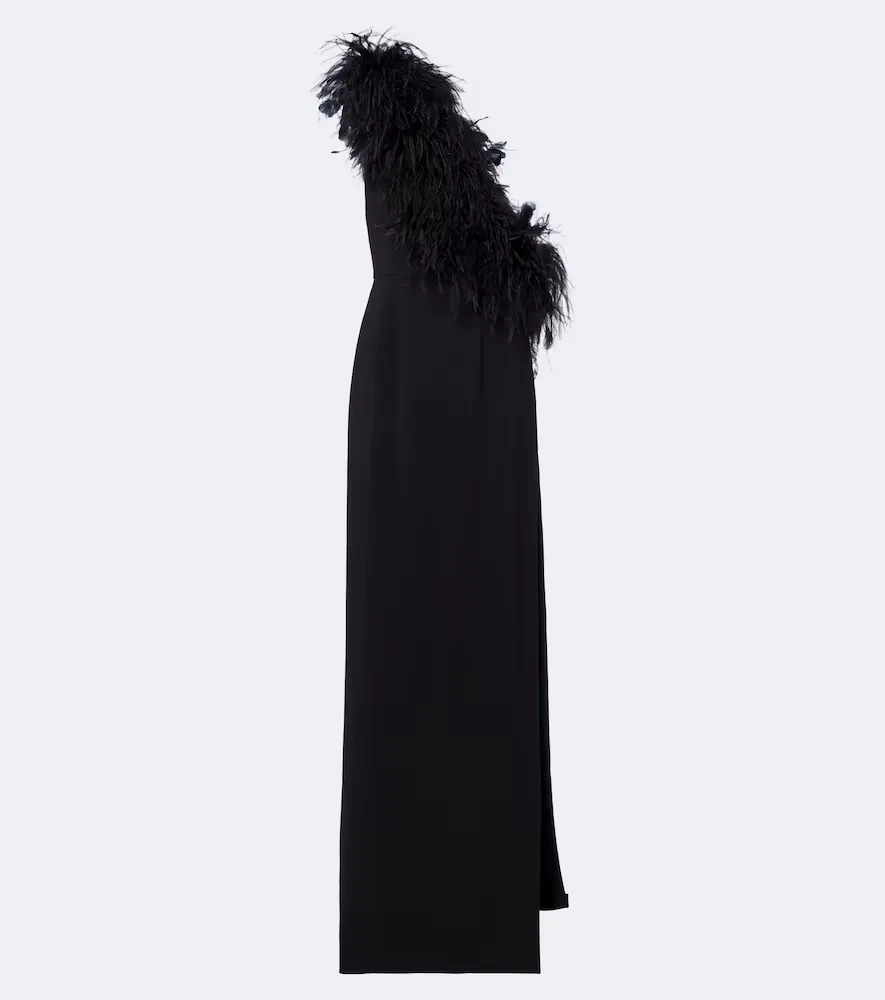 Feather-Trimmed One-Shoulder Gown