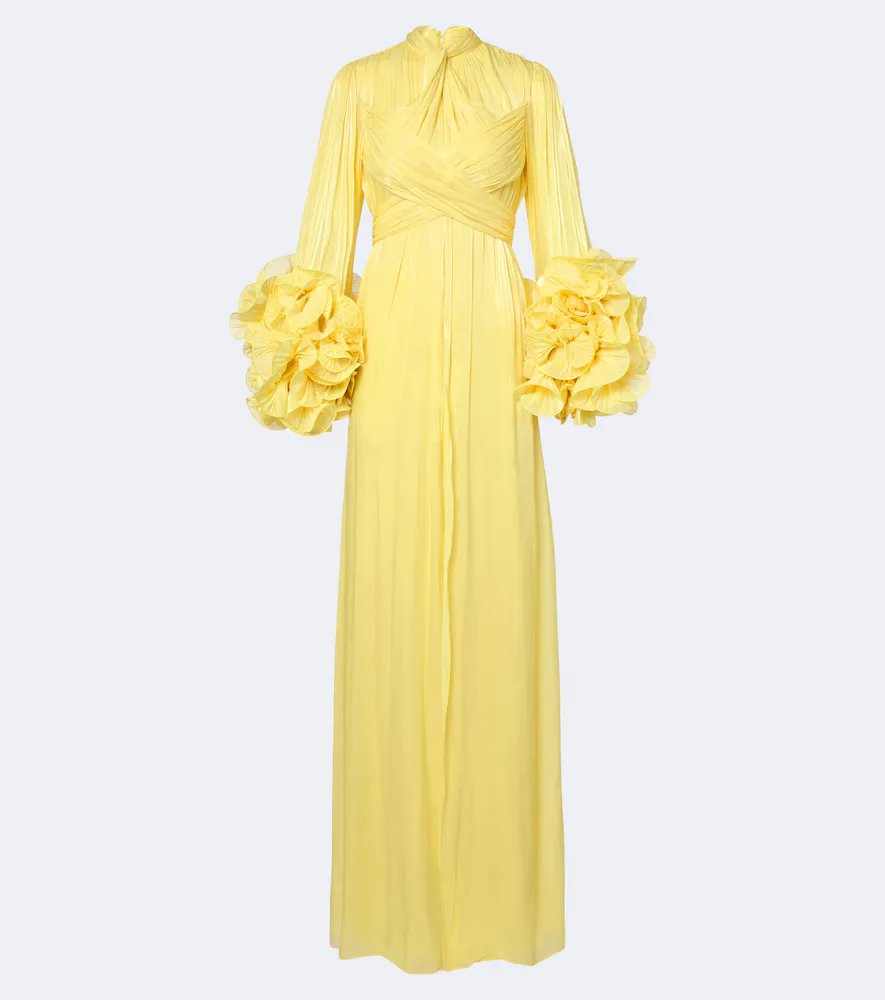 Floral-Appliqué Plated Lurex Georgette Gown by Costarellos
