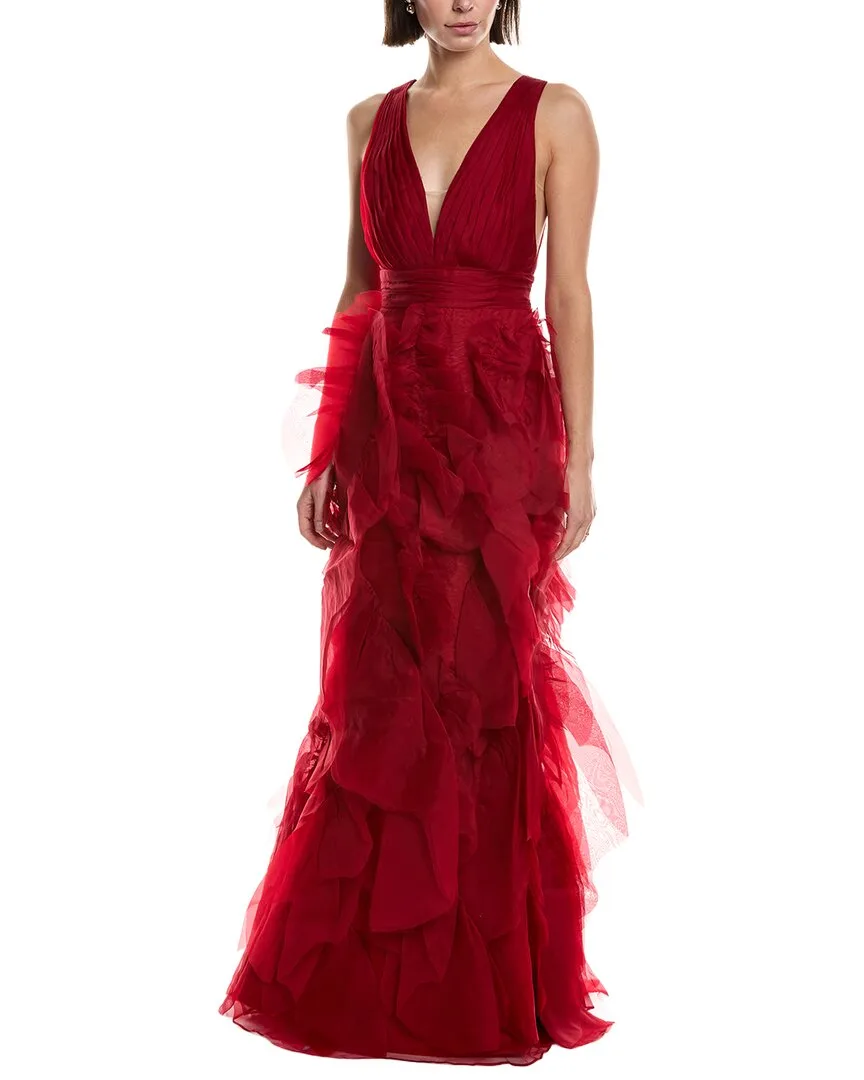 Sleeveless Deep V-Neck Silk Maxi Dress by Marchesa