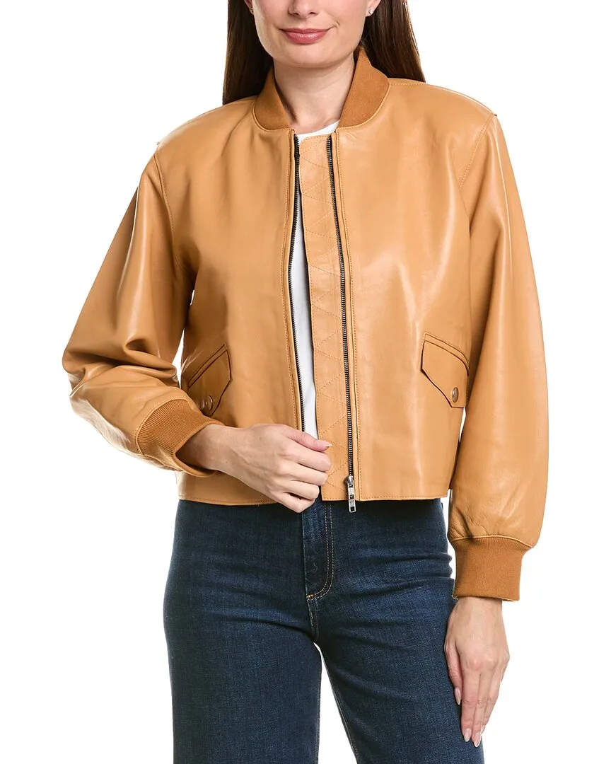 Cropped Zip Front Leather Bomber Jacket