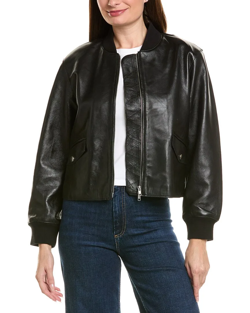 Cropped Zip Front Leather Bomber Jacket