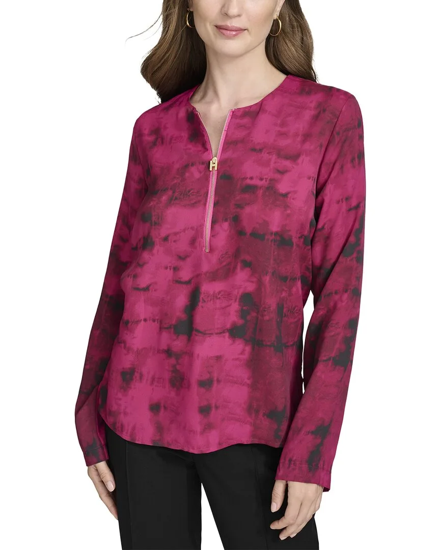 Long Sleeve Quarter Zip Printed Blouse by Halston