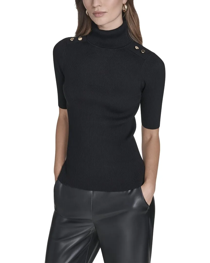 3/4 Sleeve Ribbed Turtleneck with Gold Button Detail by Halston