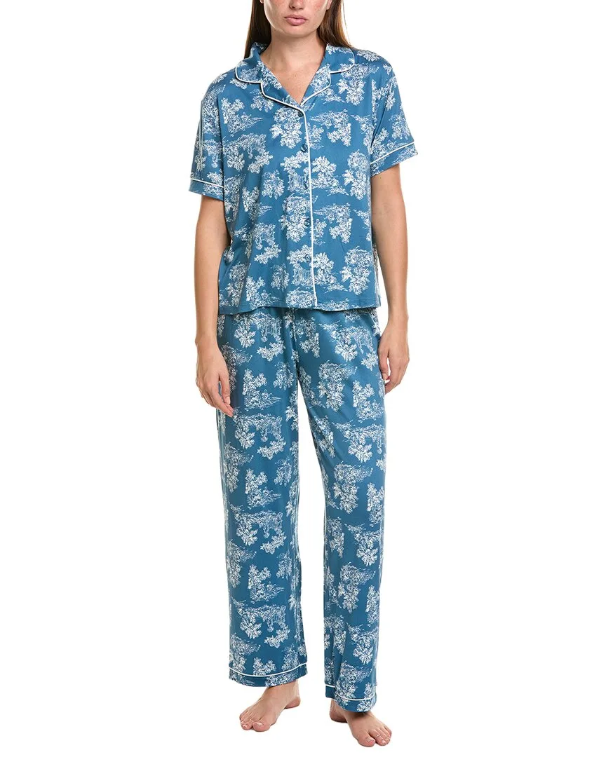 2Pc Printed Knit Notch Collar Pajama Set