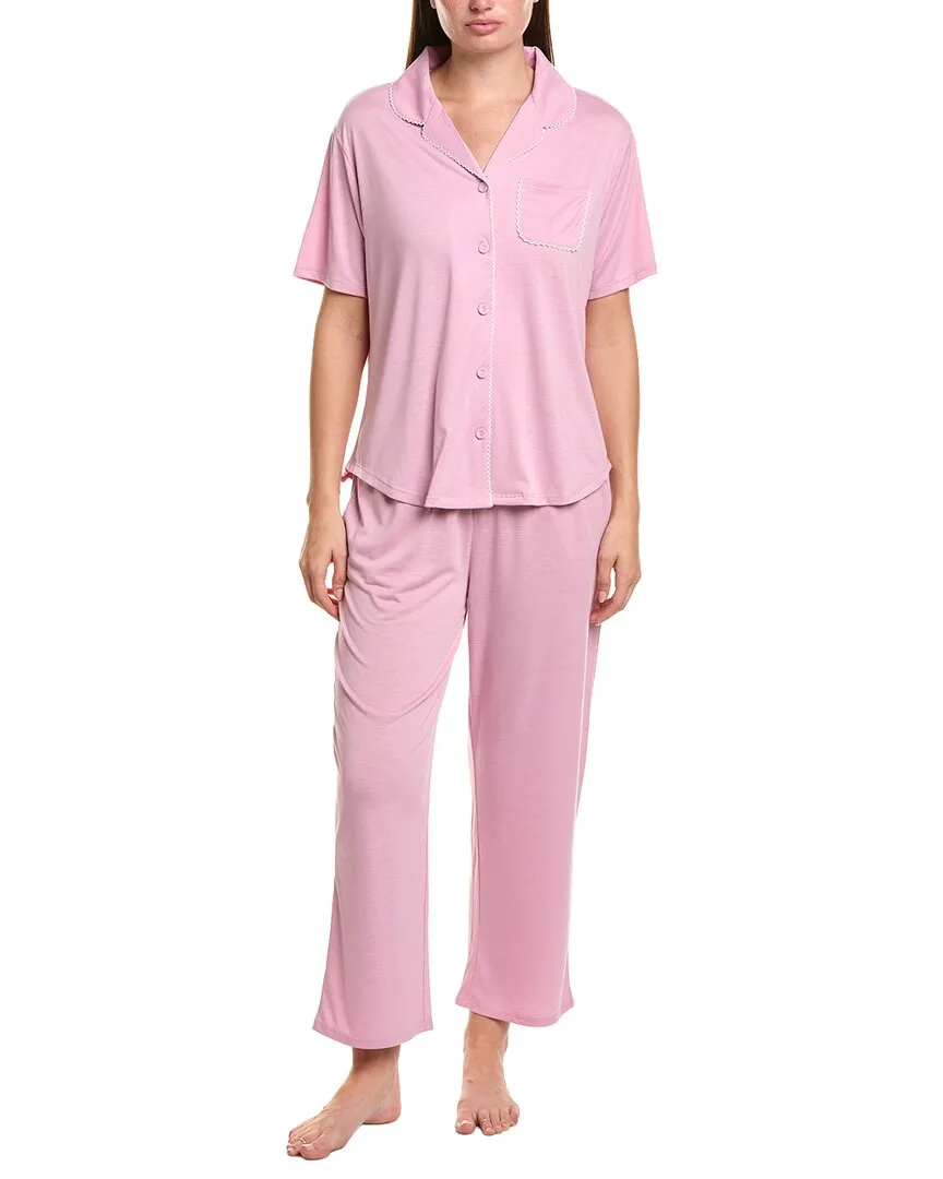 2Pc Solid Knit Notch Collar Pajama Set