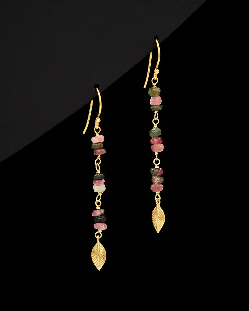18K Over Silver Tourmaline Linear Leaf Earrings