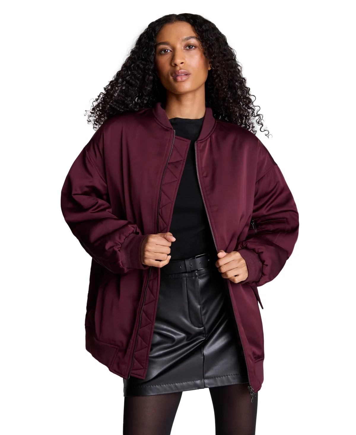 Boyfriend Bomber Satin Ruched-Sleeve Jacket by Kenneth Cole