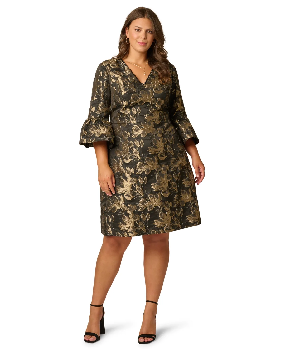 Floral-Print V-Neck 3/4-Sleeve Dress