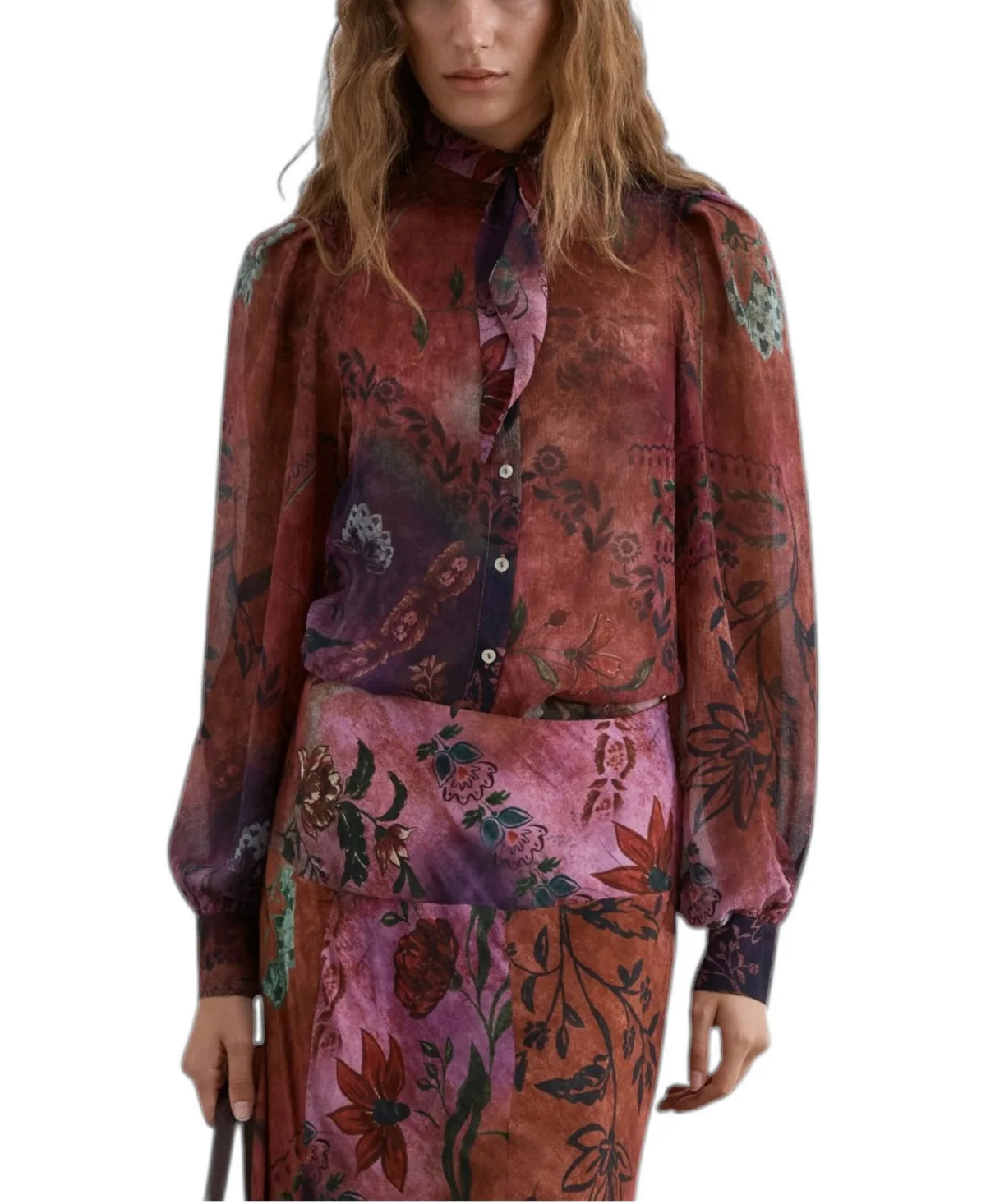 Scpatch Floral-Print Long-Sleeve Tie Neck Blouse by Scalpers