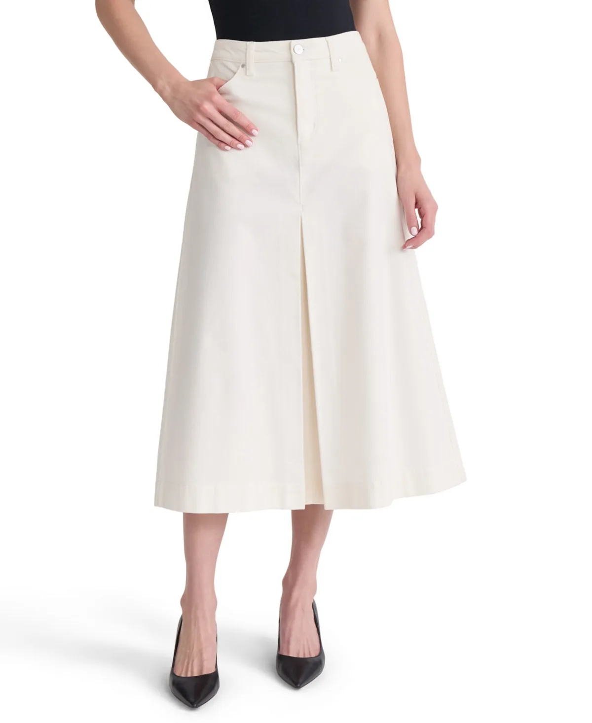 High-Waisted A-Line Inverted-Pleat Denim Midi Skirt by Jones New York