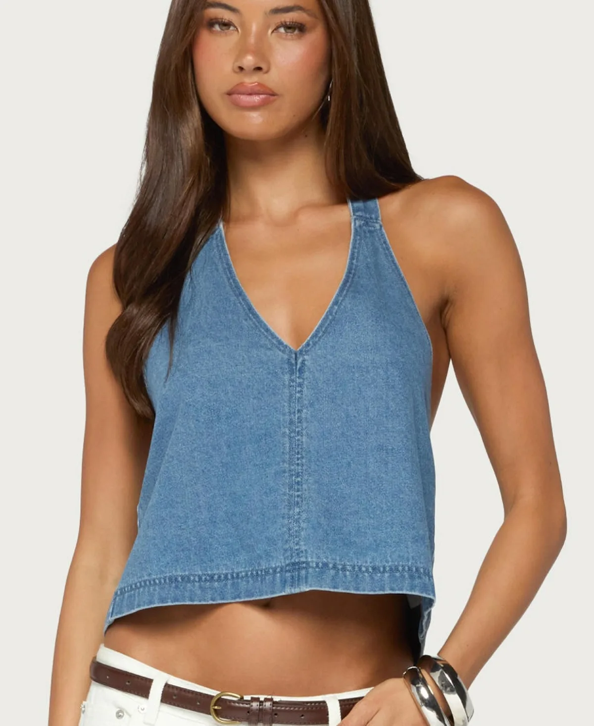 Teddie Backless Denim Halter Top by Edikted