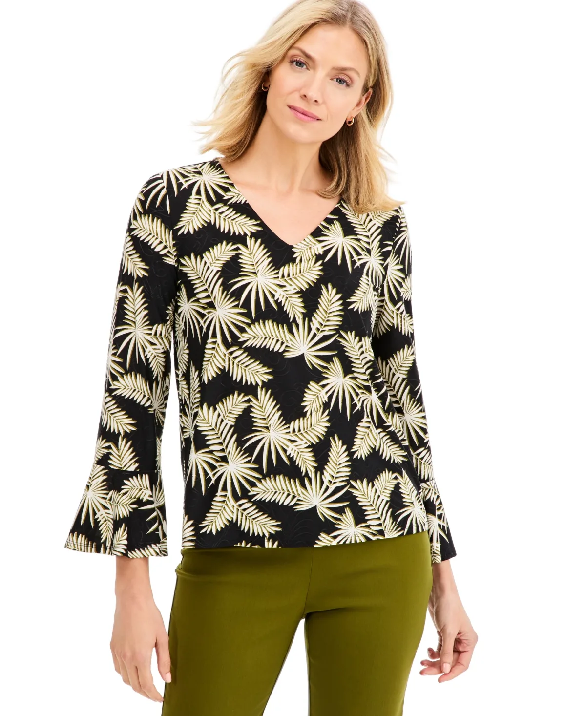 Printed 3/4-Sleeve V-Neck Jacquard Tee by JM Collection