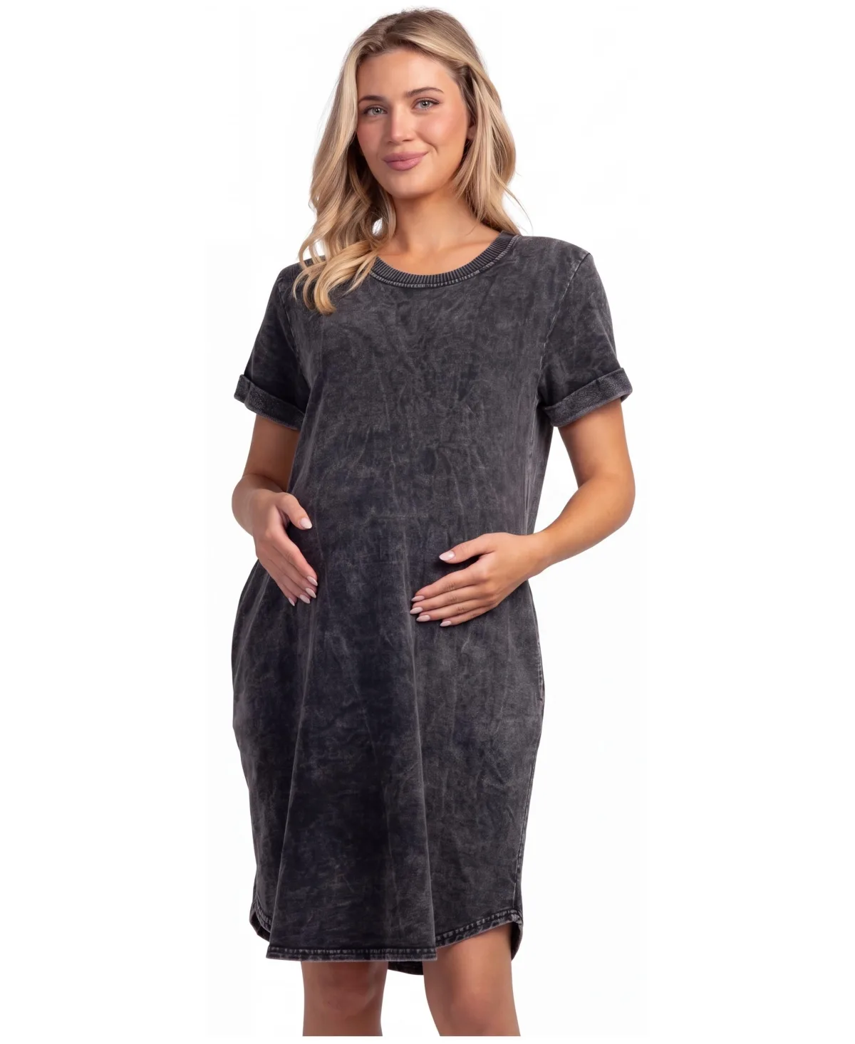 Maternity Short-Sleeve High-Low Curved Hem Cotton T-Shirt Dress by Hello Miz