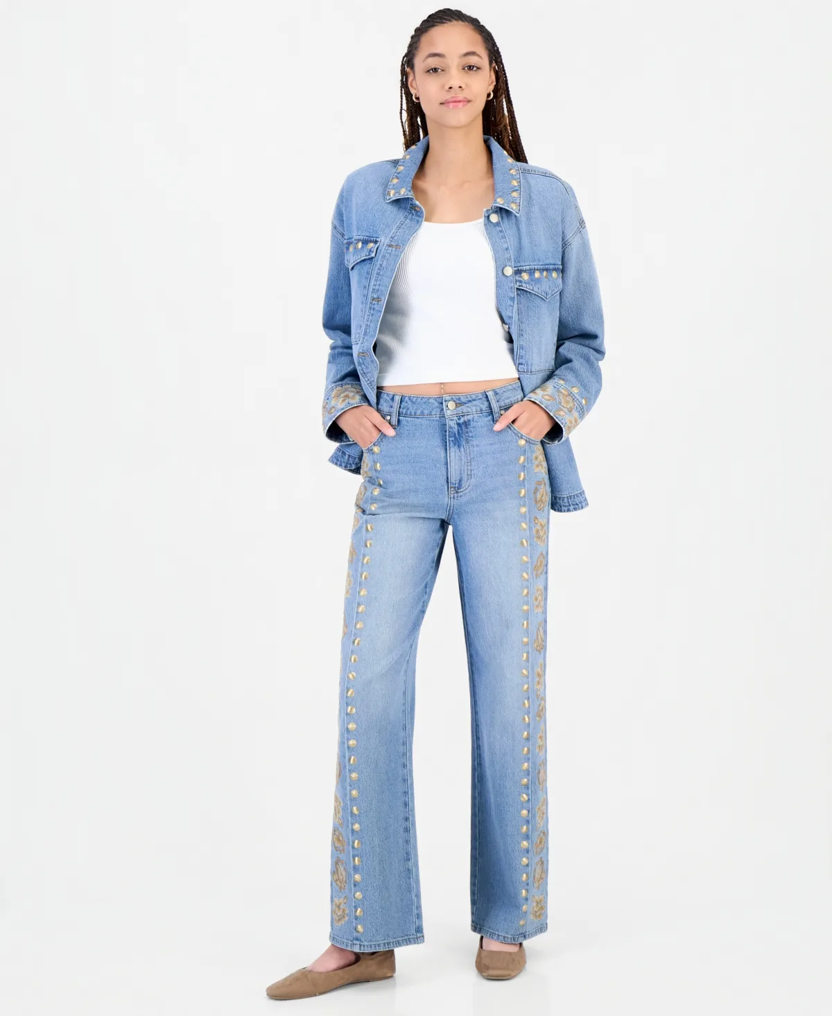High-Rise Embroidered and Studded Wide-Leg Jeans by And Now This