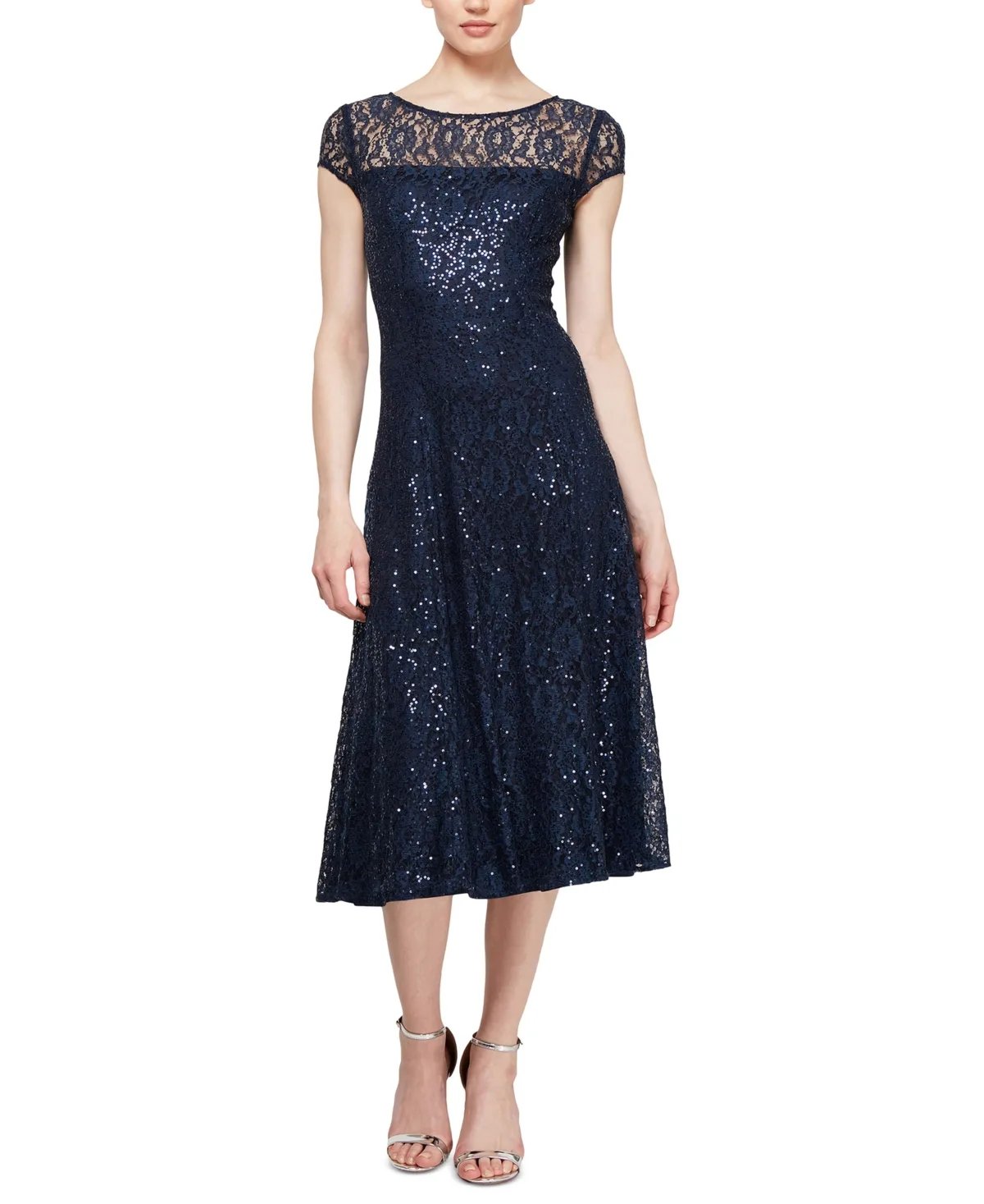 Sequined Lace Cap-Sleeve Dress