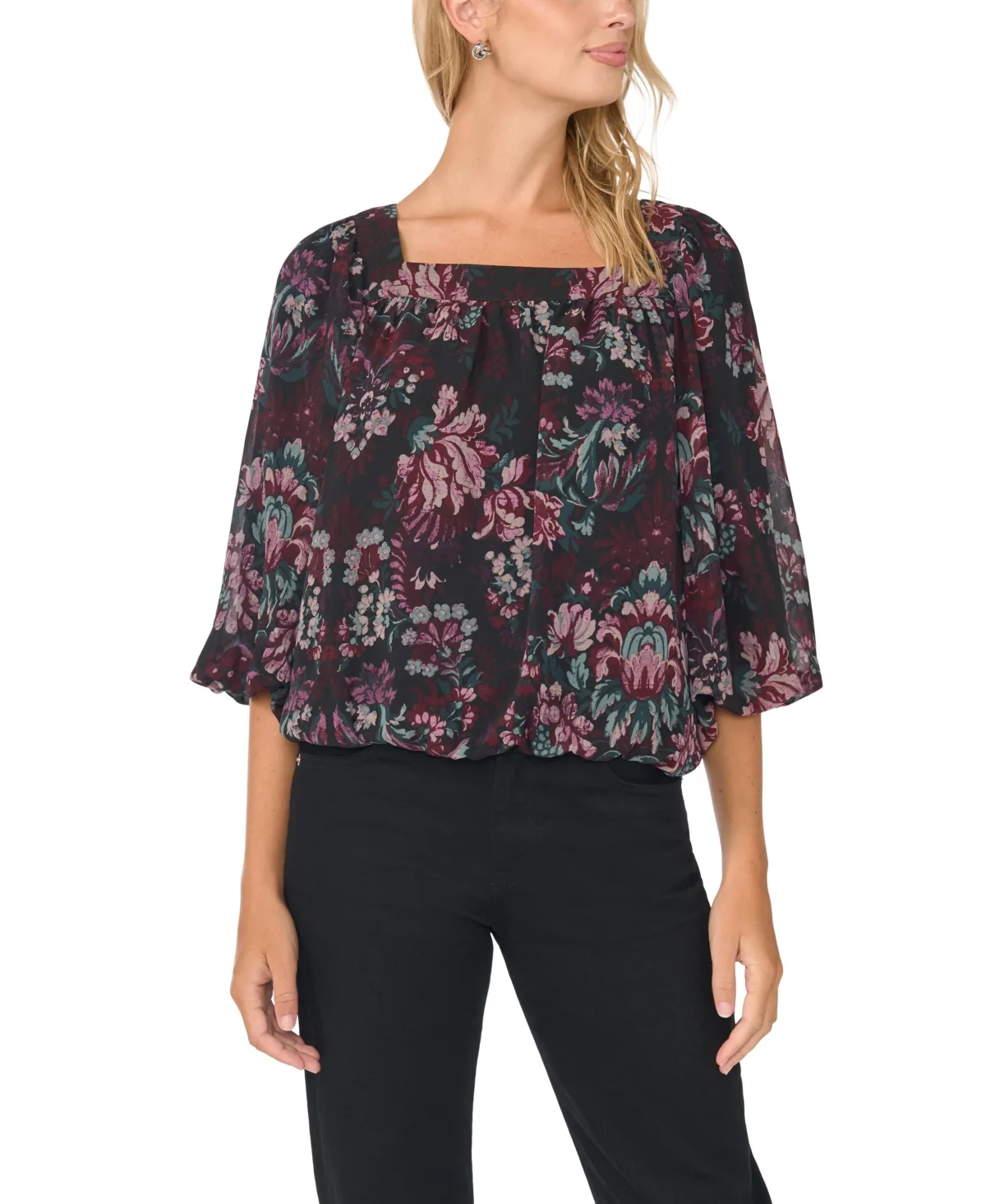 Damask Floral Square Neck Bubble Short-Sleeve Blouse
