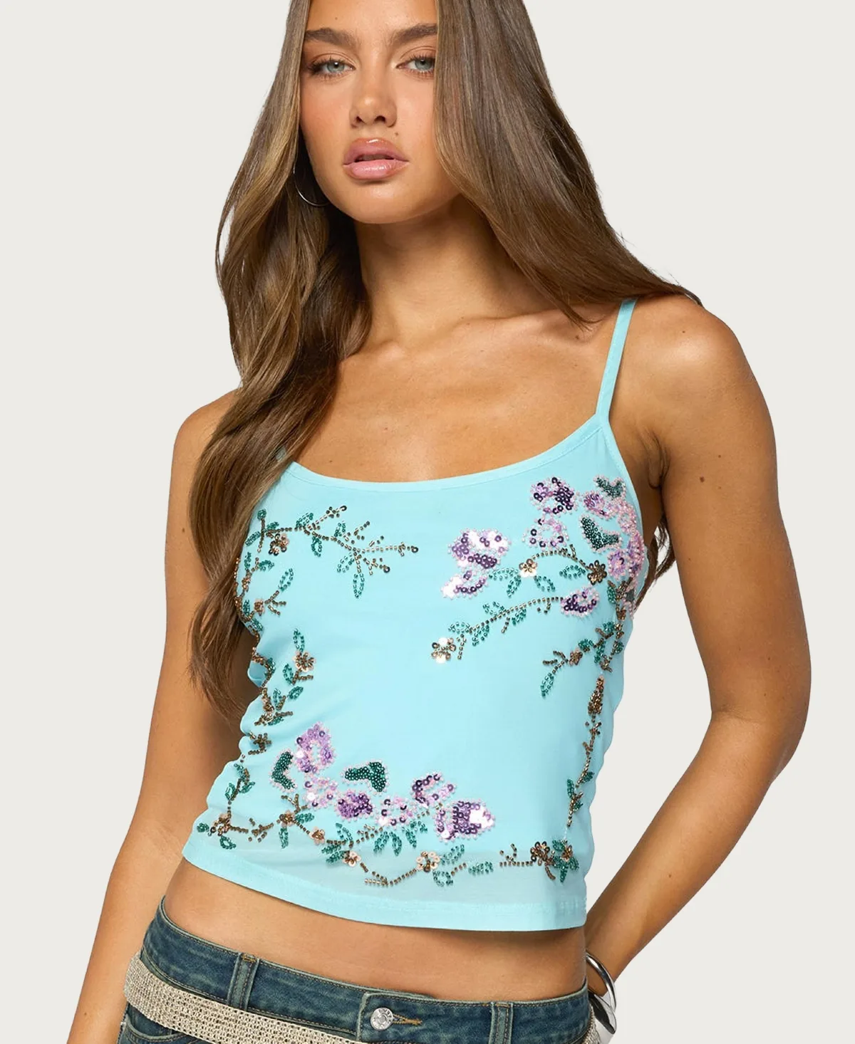 Blair Floral Bead and Sequin Mesh Top