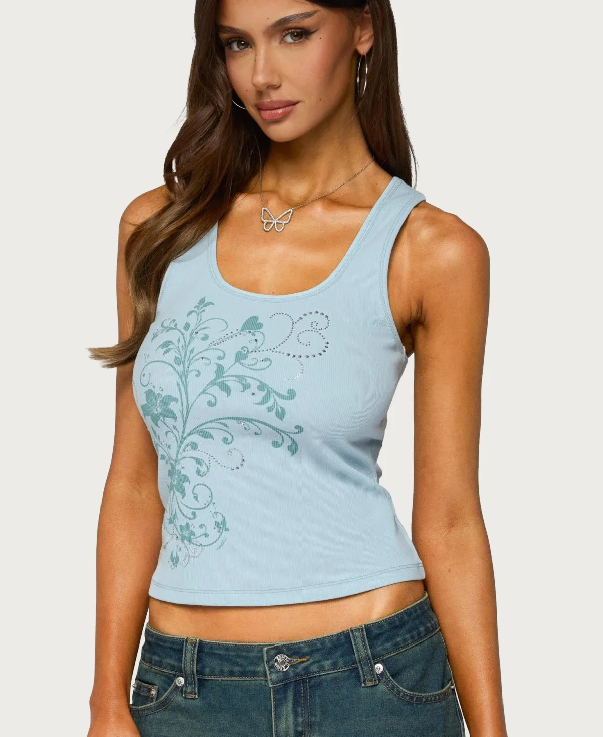 Veila Sleeveless Scoop Neck Rhinestone Graphic Tank Top
