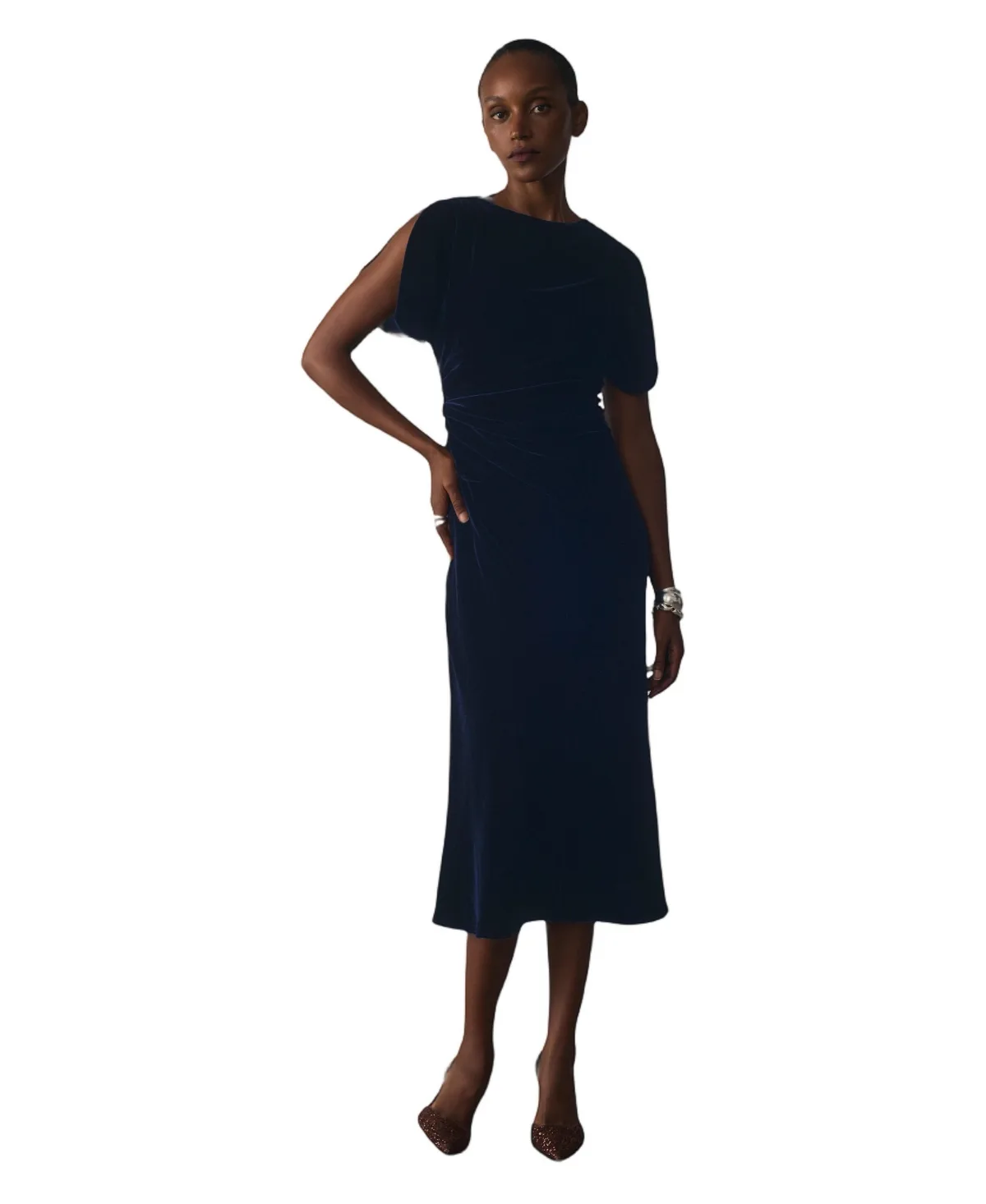 Salerno Velvet A-Line Ruched Midi Dress by The Fold