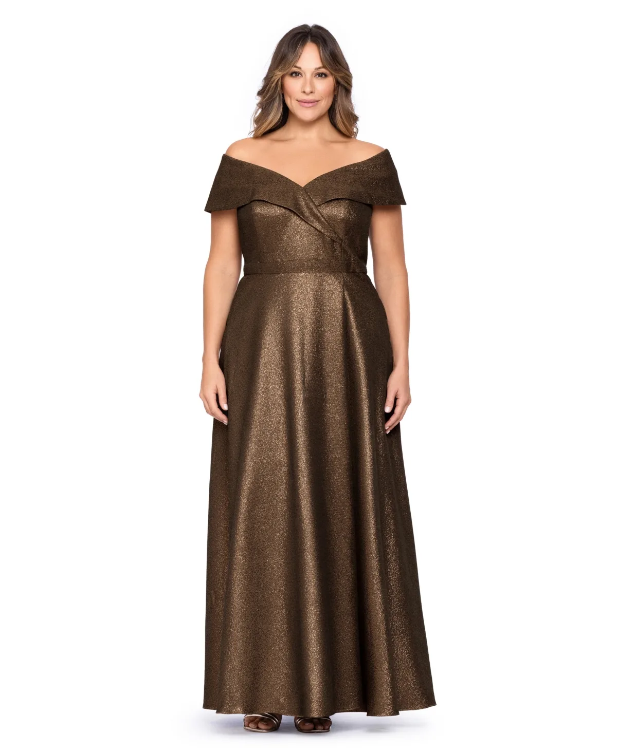 Wedding Guest Off-the-Shoulder Metallic Brocade Gown by Xscape