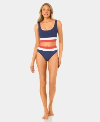 Color Block Mini Rib Long Line Swim Bikini Top Banded High Waist Swim Bottoms by California Waves