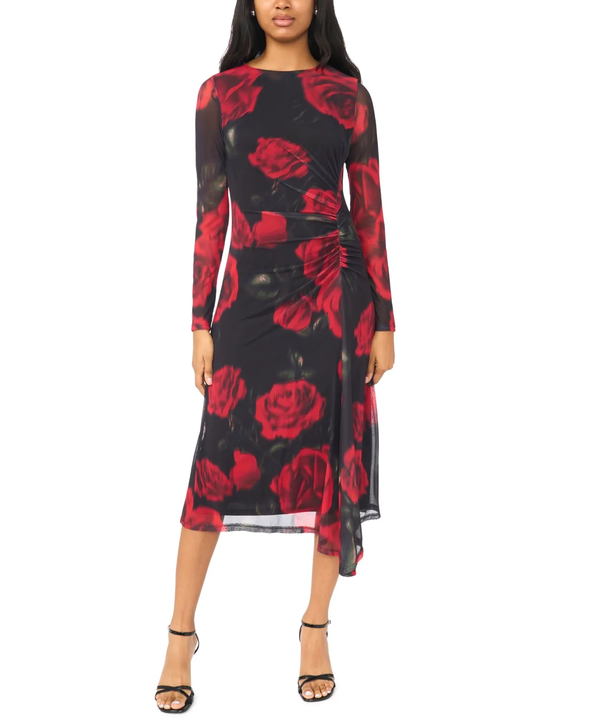 Long-Sleeve Floral Mock Neck Midi Dress