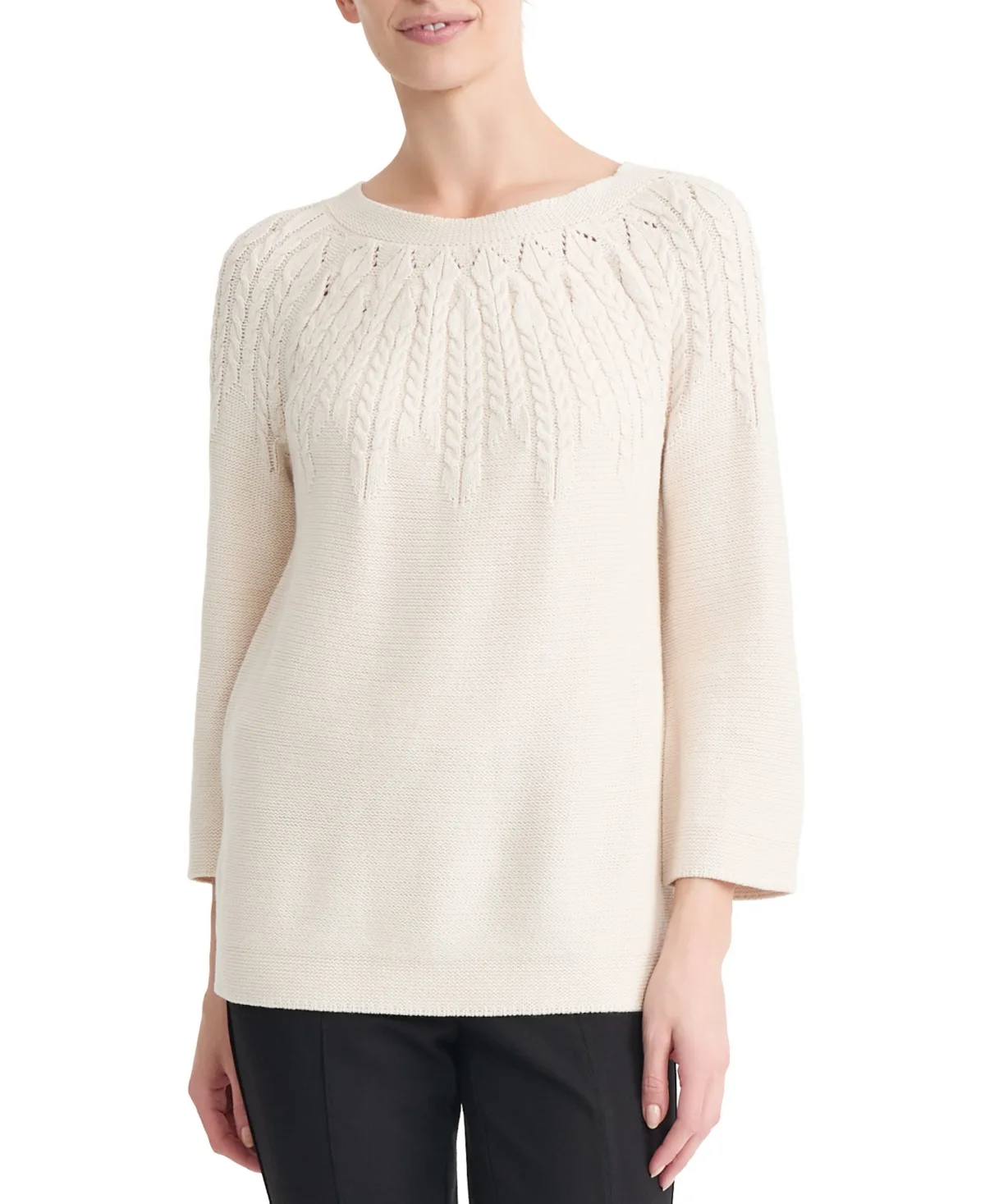 Cable Yoke Cable-Knit 3/4-Sleeve Pullover Sweater by Jones New York
