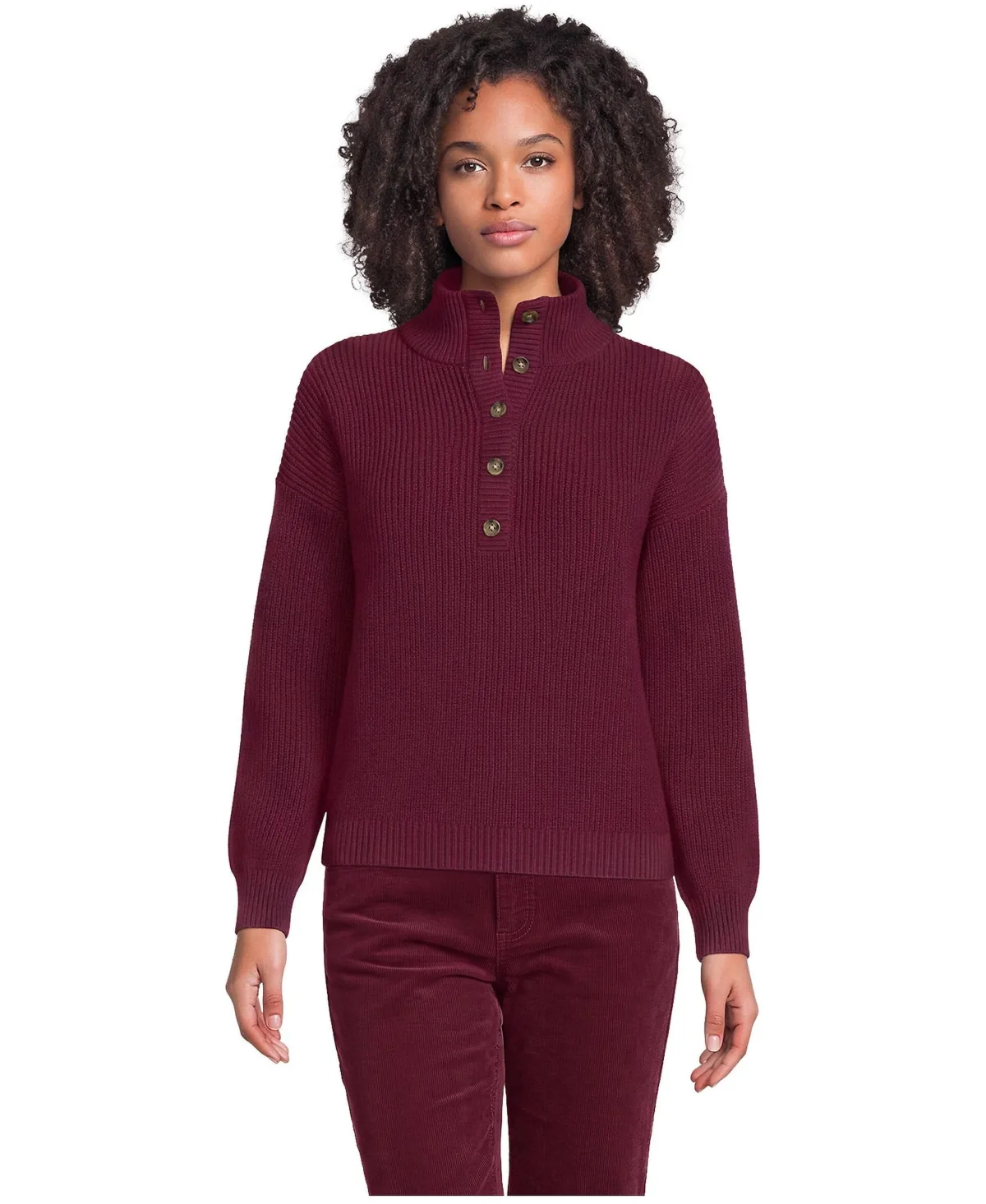 Cotton Henley Stand-Collar Button-Placket Sweater by Lands' End