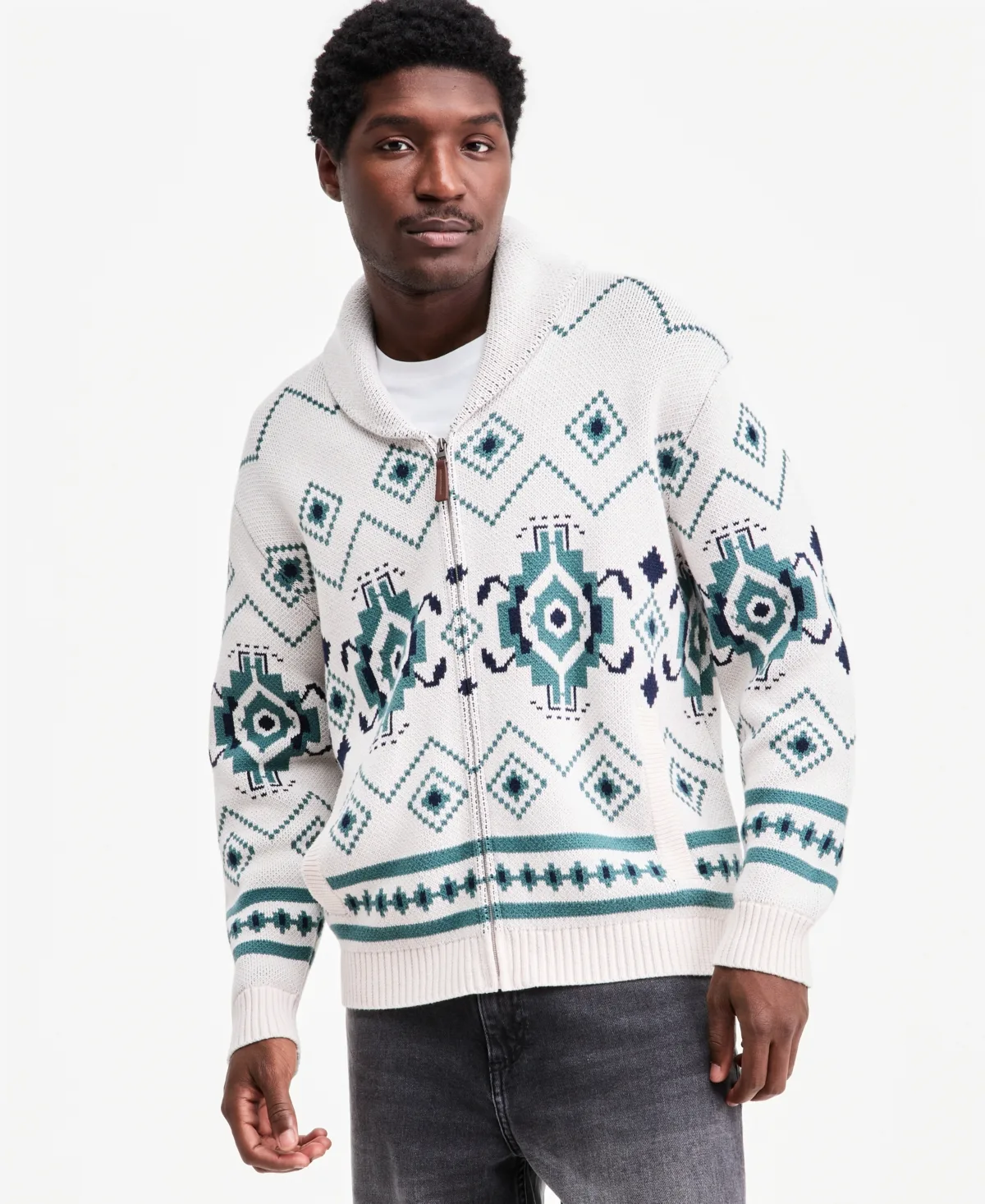 Fair Isle Full-Zip Shawl-Collar Sweater Jacket by Sun  Stone
