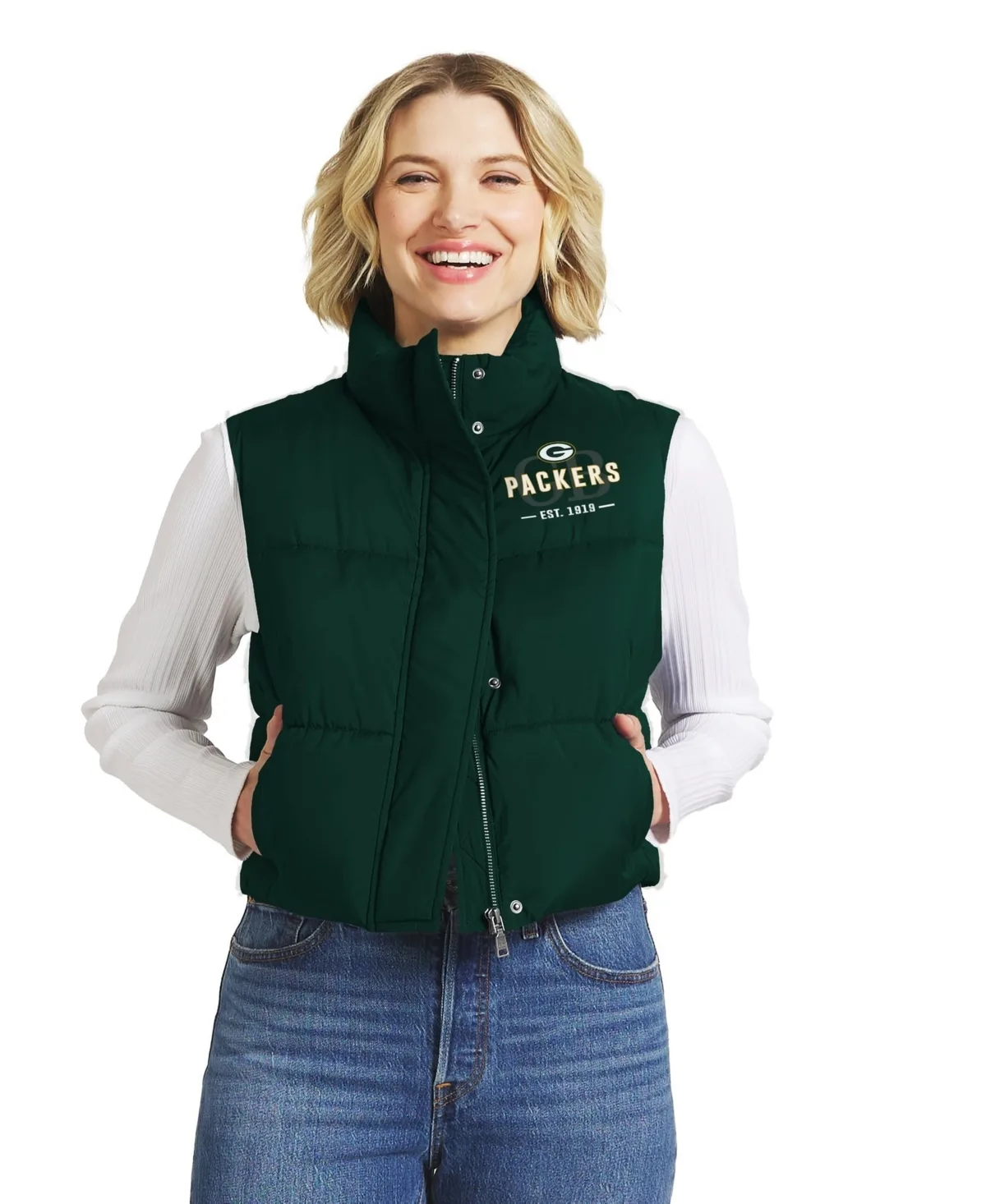 Bay Packers Cropped Puffer Full-Zip Vest by Wear by Erin Andrews