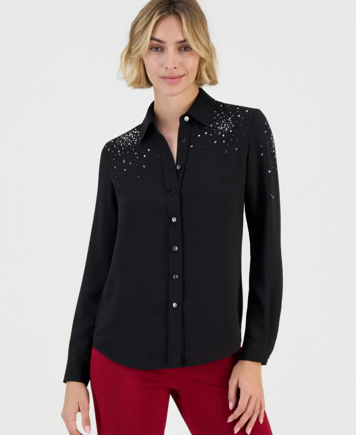 Long-Sleeve Button-Front Collared Blouse