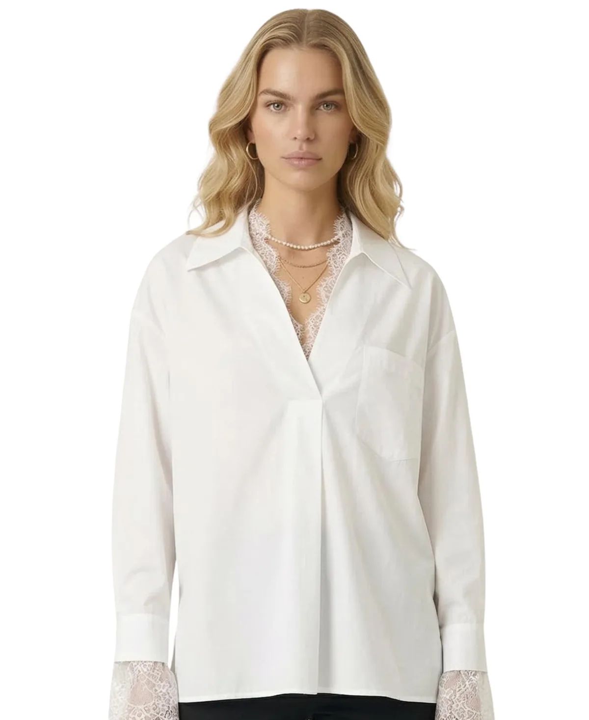Lace Trim Collared V-Neck Popover Blouse by Modenaire
