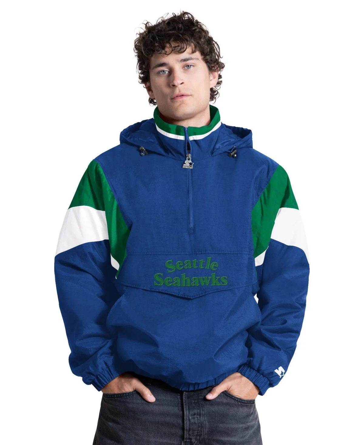 Seattle Seahawks the Throwback Retro Logo Half-Zip Hooded Jacket by Starter