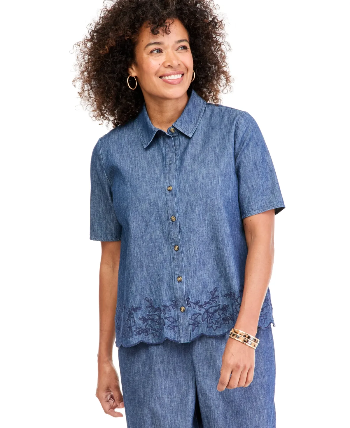 Peplum Elbow-Sleeve Chambray Embroidered Scalloped-Hem Shirt by Style & Co