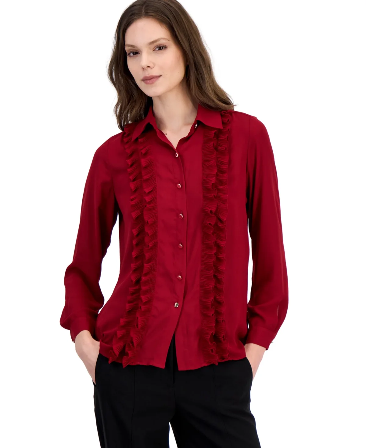 Anne Klein Long-Sleeve Button-Front Ruffle Blouse