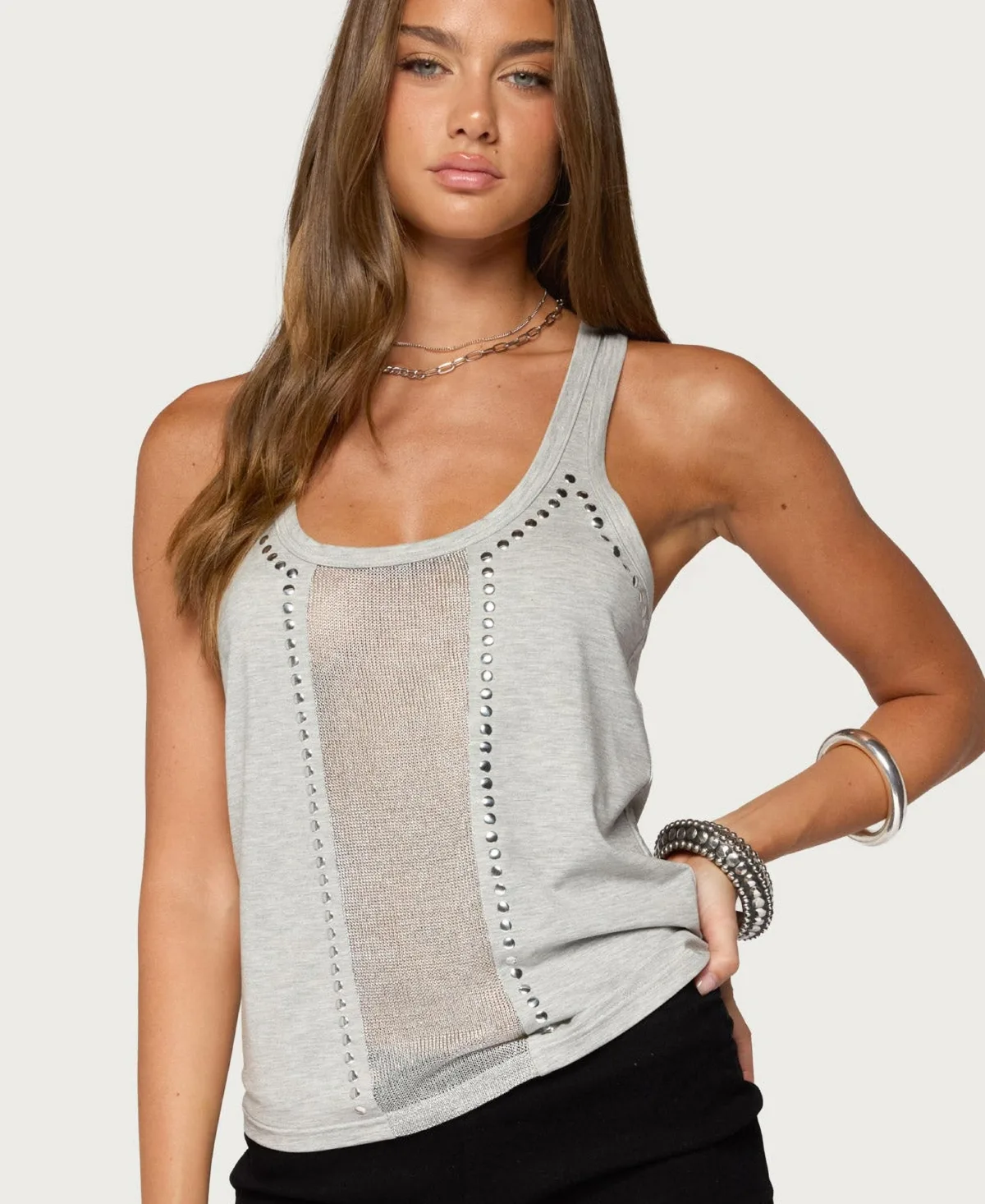 Edikted Jali Sleeveless Scoop-Neck Studded Tank Top