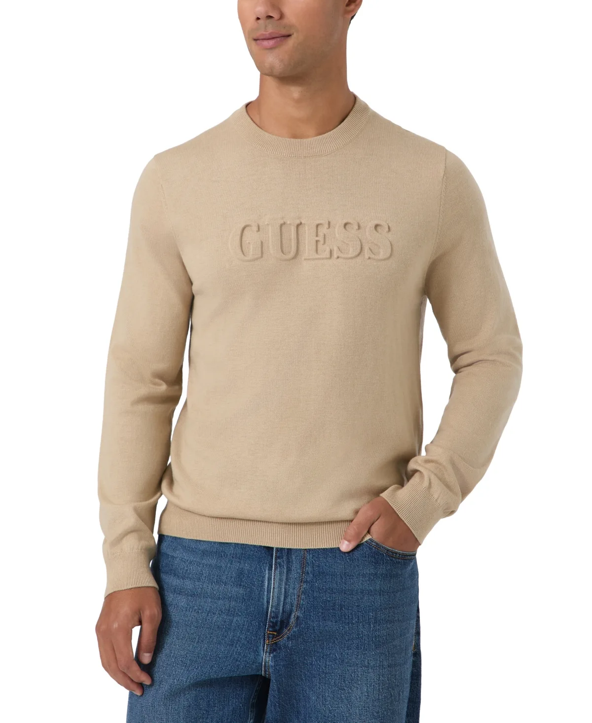 Guess Myles Crewneck Embossed Logo Long-Sleeve Sweater by GUESS