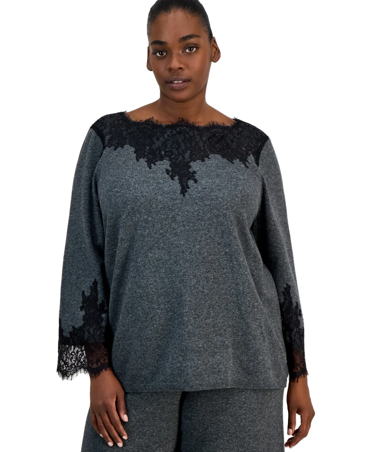 Anne Klein Boat-Neck Lace-Trim Bracelet-Length Sleeves Sweater by Anne Klein