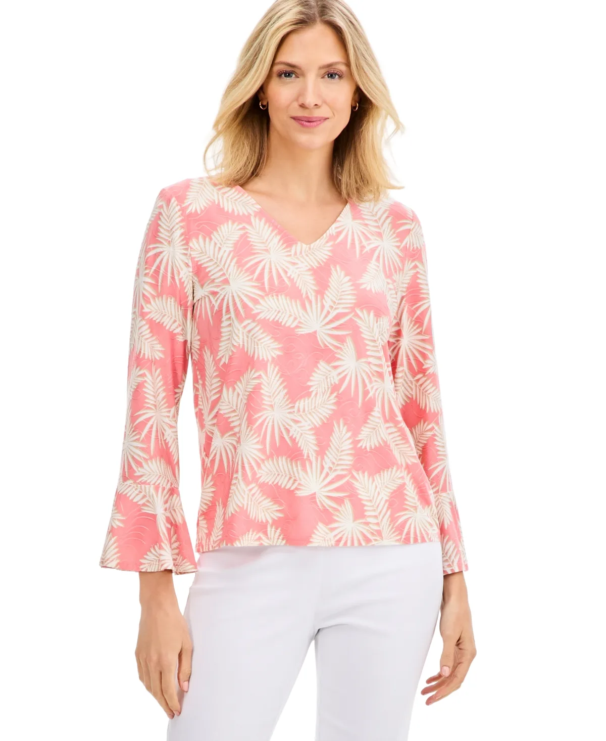 Printed 3/4-Sleeve V-Neck Jacquard Tee by JM Collection