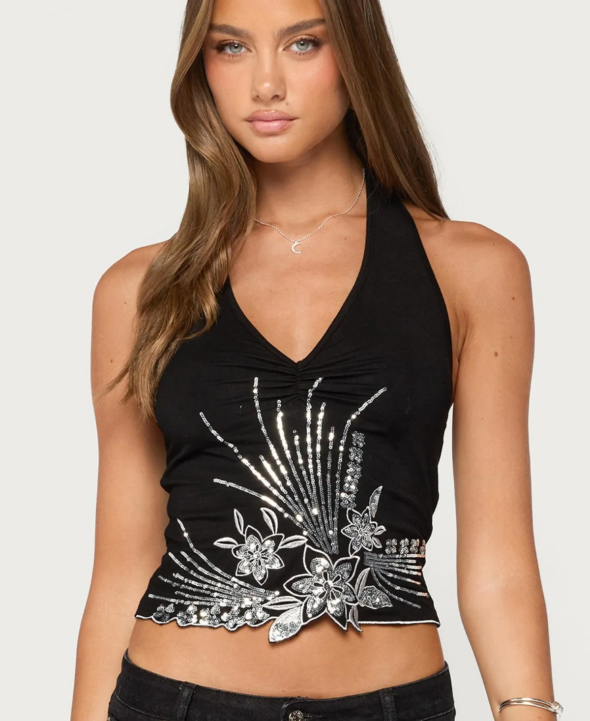 Edikted Aelixa Floral-Print Sequin Open-Back Halter Top
