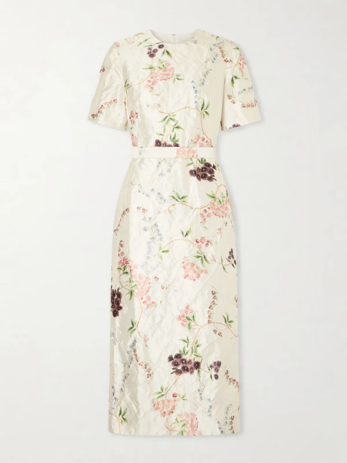 - Belted Floral-print Crinkled Satin Midi Dress -