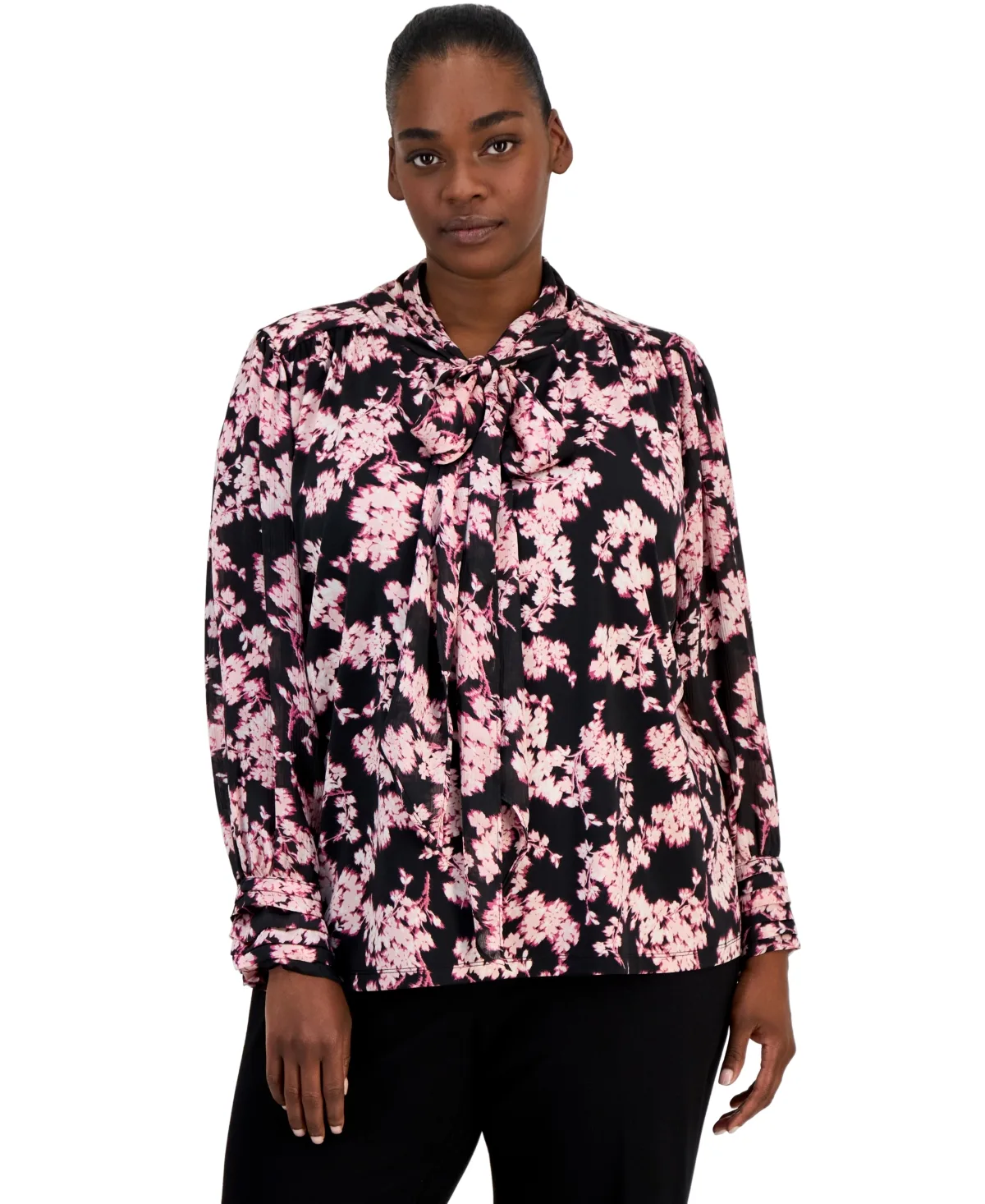 Mixed Media Bow Long-Sleeve Tie Neck Floral-Print Blouse
